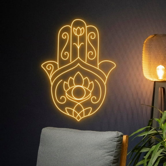 Handmadetneonsign Hamsa Hand Neon Light, Hand of Fatima ed Light, Eye Hand Neon Sign, Lotus Hand