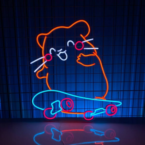 Handmadetneonsign Hamster Skateboard Neon Sign, Hamster Wall Art Decor, Skateboard Player Bedroom Wall Decor