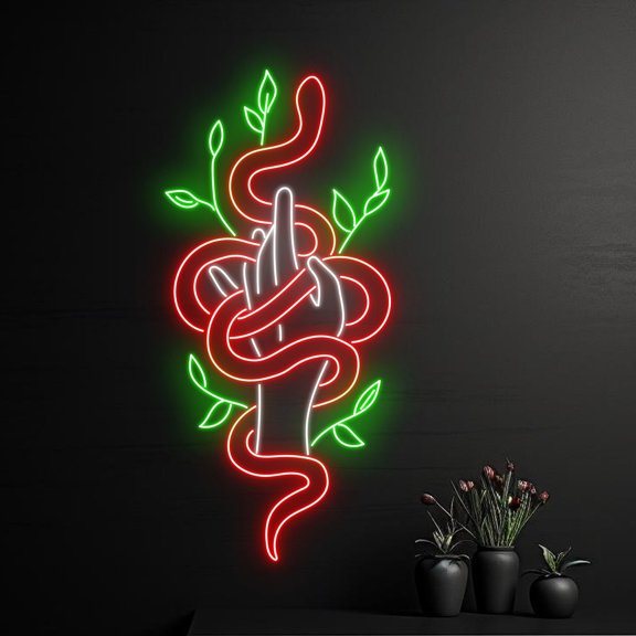 Handmadetneonsign Hand Holding Snake Neon Light, Snake Wrapping Hand Led Light, Hand Snake Neon