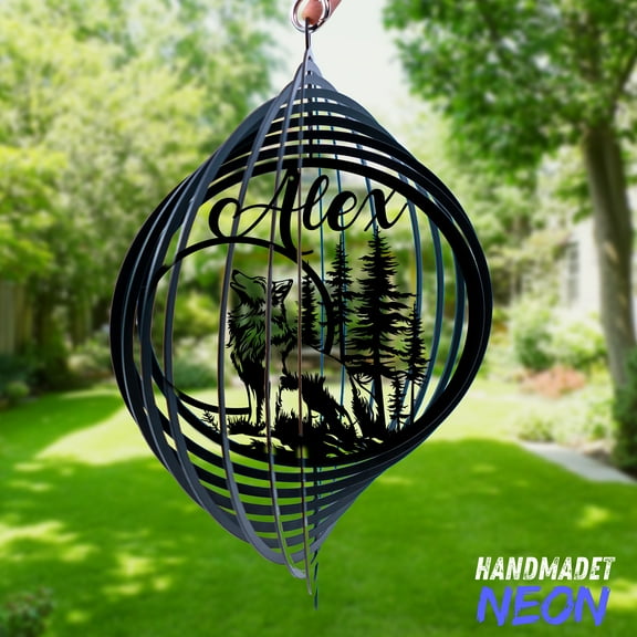 Handmadetneonsign Wolf Wind Spinner, Stunning Metal Garden Decor for Nature Lovers, Outdoor Art 132807