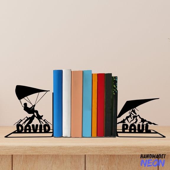 Handmadetneonsign Hang Gliding Metal Bookends, Hang Glider Name Bookend, Table Bookshelf Decor Gift for Book Lover 76608