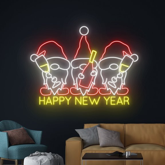 Handmadetneonsign Happy New Year Gnome Champagne Cheer Neon Sign, Merry Christmas Gnome Led Sign