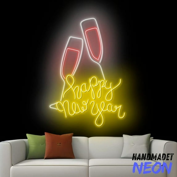 Handmadetneonsign Happy New Year Neon Sign, Champagne Glasses Led Sign, Holiday Season Wall Art, Home Wall Decor 79924