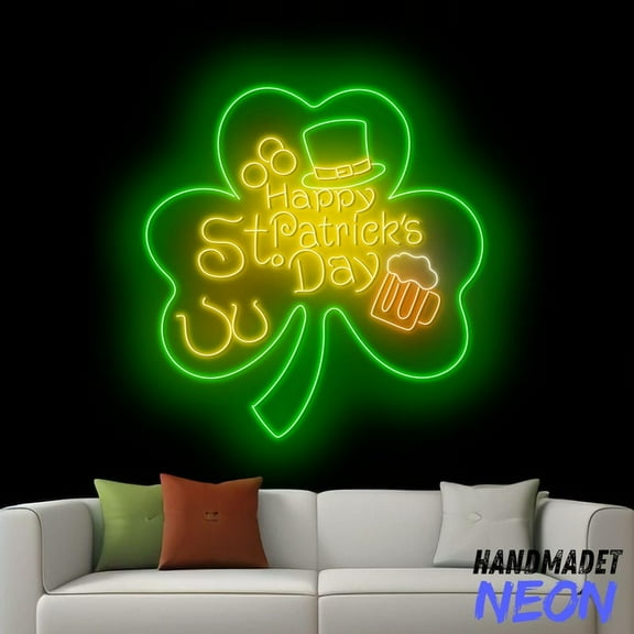 Handmadetneonsign Happy St. Patrick's Day Neon Sign, Beer Shamrock Led Sign, Irish Pub Neon Light 96066