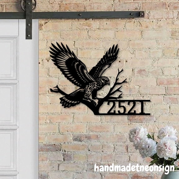 Handmadetneonsign Hawk House Number Metal, Hawk Bird Home Number Metal Decor, Address Wall Sign 041200