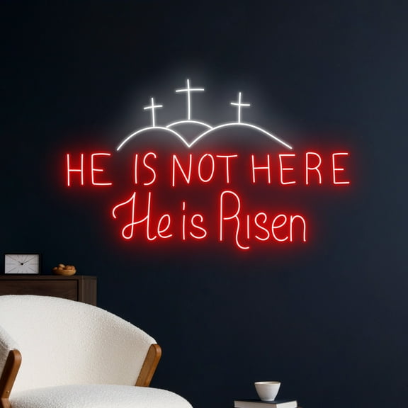 Handmadetneonsign He Is Not Here He Is Risen Neon Sign, He Is Risen Led Sign, Jesus Cross Neon Light