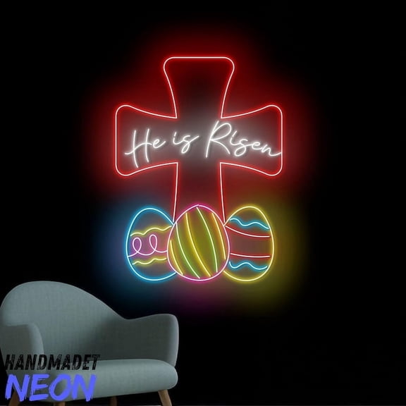 Handmadetneonsign He Is Risen Neon Sign, Happy Easter Cross Led Sign, Easter Home Wall Decor 97686