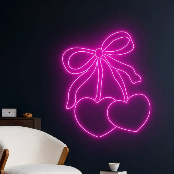Handmadetneonsign Heart Cherry Bow Neon Sign, Cherry Wall Art Decor, Cherry Fruit Wall Decor
