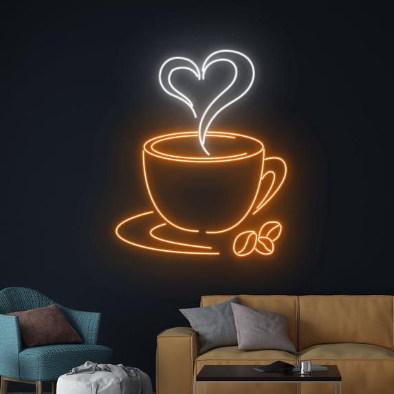 Handmadetneonsign Heart Coffee Cup Neon Sign, Love Tea Cup Neon Light, Drink LED Light, Cafe Led