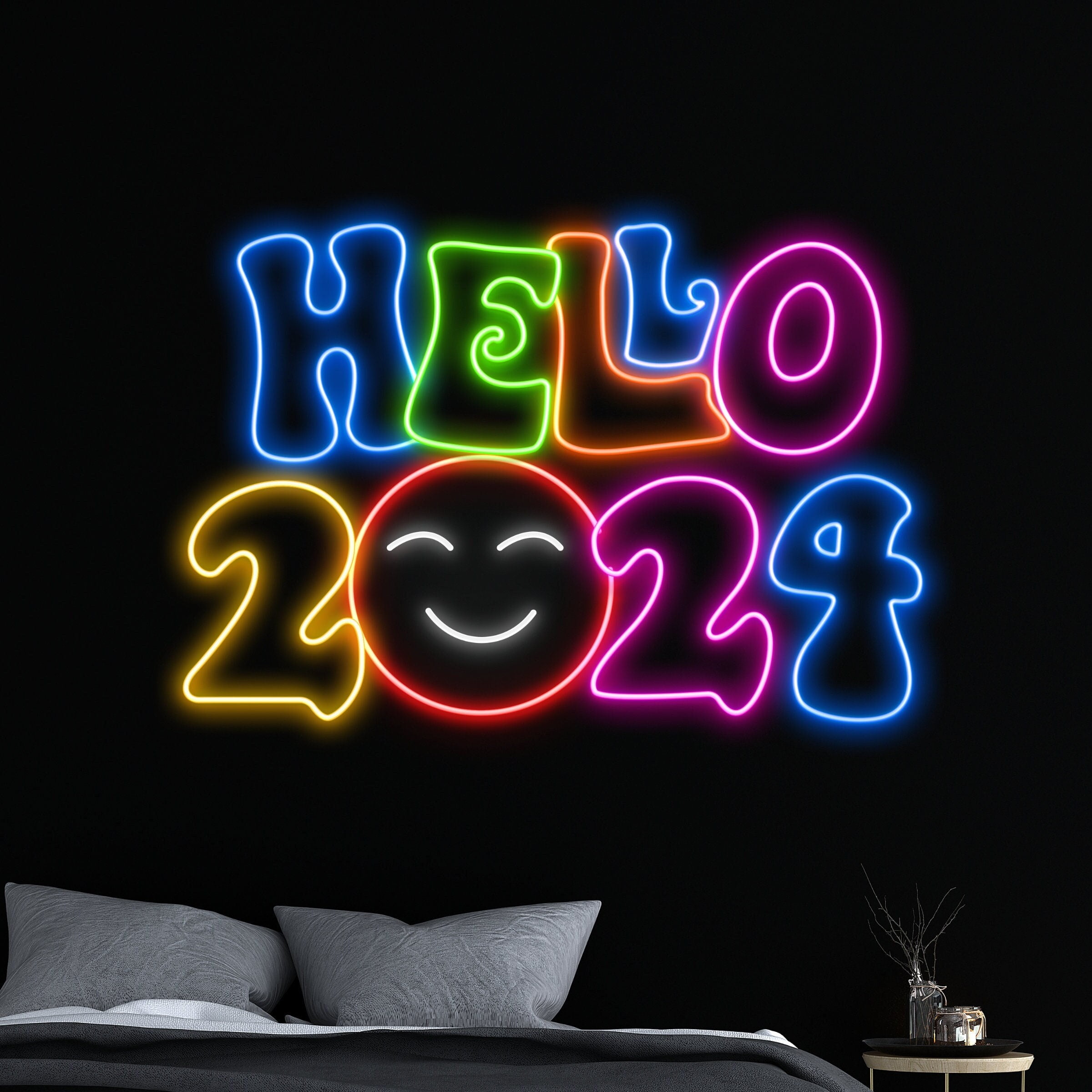 Handmadetneonsign Hello 2024 Neon Sign, Hello 2024 Led Light, Merry Christmas Neon Light
