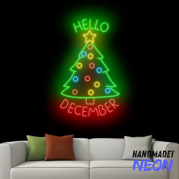 Handmadetneonsign Hello December Neon Sign, Christmas Tree Led Sign, Christmas Holiday Home Wall Decor 76477