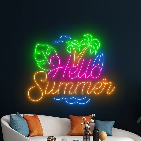 Handmadetneonsign Hello Summer Neon Sign, Summer Palm Tree Neon Sign, Summer Party Decor