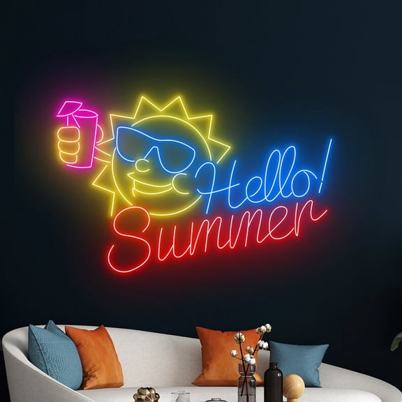 Handmadetneonsign Hello Summer Neon Sign, Summer Sun Drinking Neon Sign, Summer Party Decor