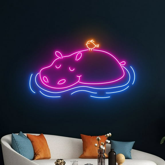 Handmadetneonsign Hippo Neon Sign, Hippopotamus Led Sign, Hippo And Bird Led Sign, Hippopotamus