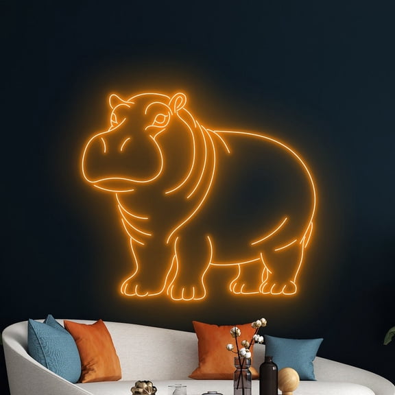 Handmadetneonsign Hippo Neon Sign, Hippopotamus Wall Art Decor, Zoo Hippo Animal Wall Decor