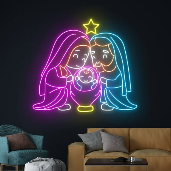 Handmadetneonsign Holy Family Neon Sign, Nativity Scene Led Sign, Silent Night Led Light