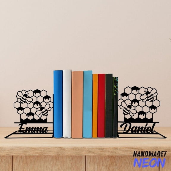 Handmadetneonsign Honeycomb Metal Bookends, Bee Hive Name Bookend, Bee Table Bookshelf Decor 042622