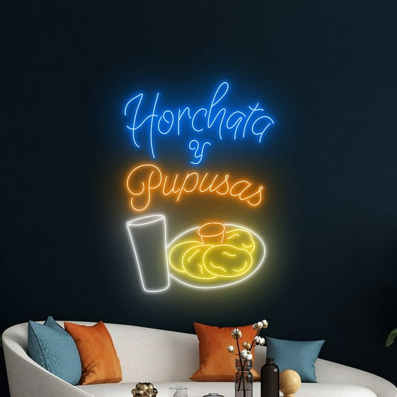 Handmadetneonsign Horchata Y Pupusas Neon Sign, Mexico Food Wall Art Decor, Restaurant Wall Decor