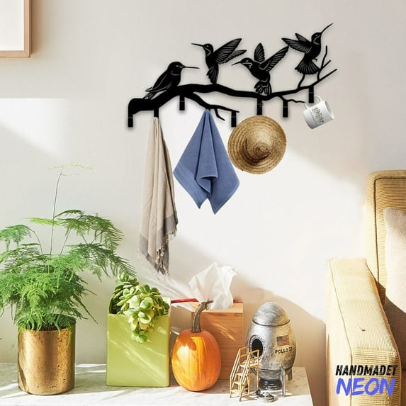Handmadetneonsign Hummingbird Coat Rack Wall Hanger, Bird On Branch Metal Wall Hooks, Bird Keys Holder Home Decor 75250
