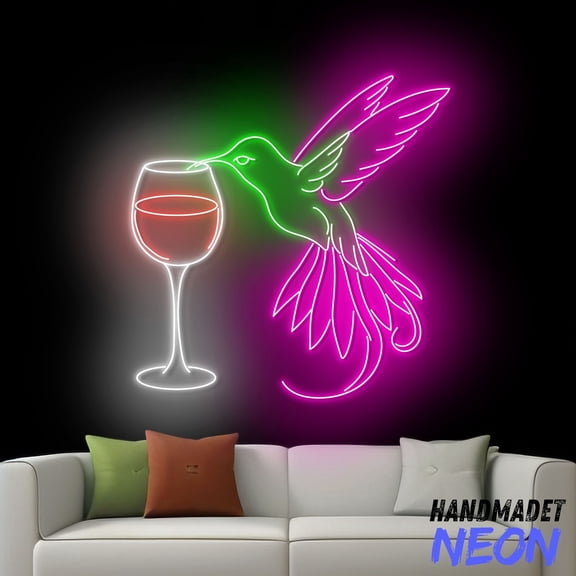 Handmadetneonsign Hummingbird Drinking Wine Neon Sign, Wine Glass Wal Art, Bird Home Wall Decor 041952