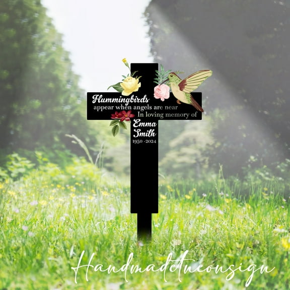 Handmadetneonsign Hummingbird Memorial Cross Garden Stake, Hummingbird Yard Stake, Cemetery Decor 65987