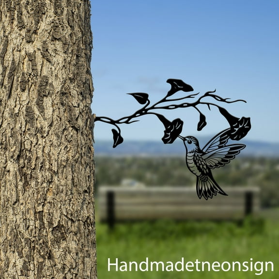 Handmadetneonsign Hummingbird On Branch Metal Tree Stake, Hummingbird Birds Garden Tree Stake 68539