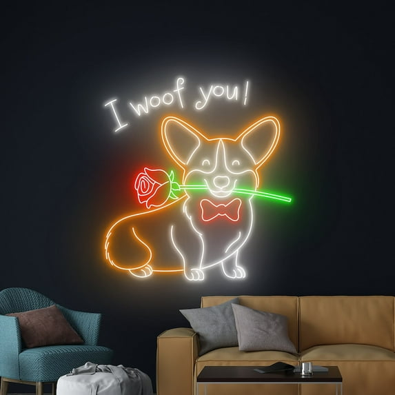 Handmadetneonsign I Woof You Neon Sign, Funny Corgi Neon Art Decor, Corgi Pet Room Wall Decor