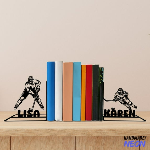 Handmadetneonsign Ice Hockey Metal Bookends, Player Name Bookend Table Sign, Hockey Bookshelf Home Decor 75984