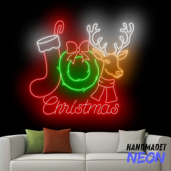 Handmadetneonsign Joy Christmas Neon Sign, Christmas Deer Led Sign, Stocking Xmas Neon Light, Holiday Wall Decor 83672