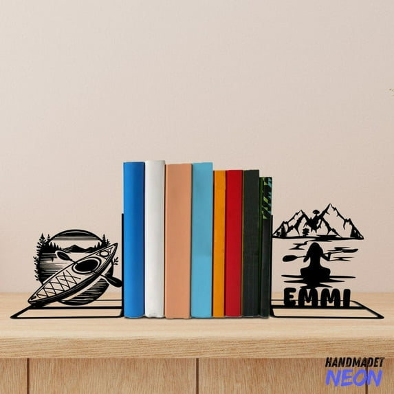 Handmadetneonsign Kayaking Girl Metal Bookends, Kayak Name Bookend Table Sign, Water Sport Bookshelf Home Decor 76029