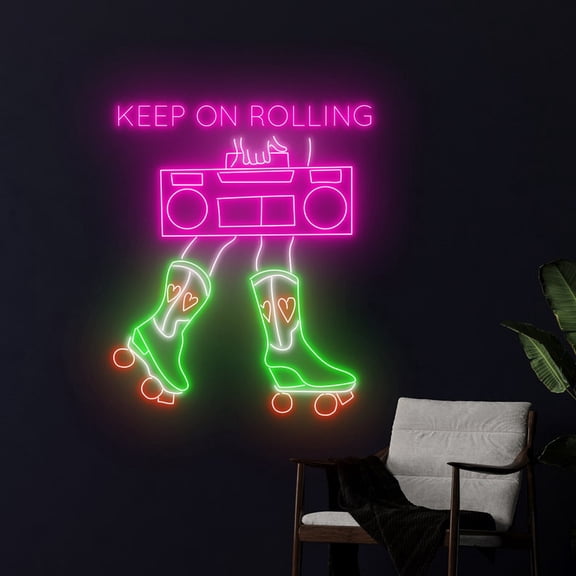 Handmadetneonsign Keep On Rolling Neon Sign, Tape Recorder Wall Art Decor, Rolling Skate Wall Decor