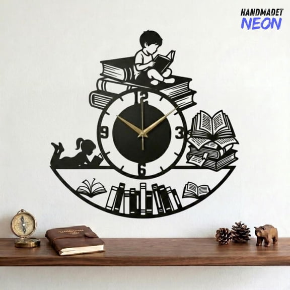Handmadetneonsign Kid Reading Book Metal Wall Clock, Bookworm Gift for Child