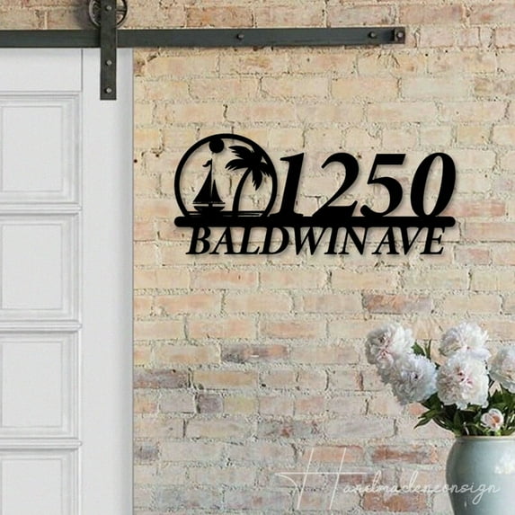 Handmadetneonsign Lake Palm Tree House Number Metal Wall Art LED Light - Personalized Sign Home Decor 59929