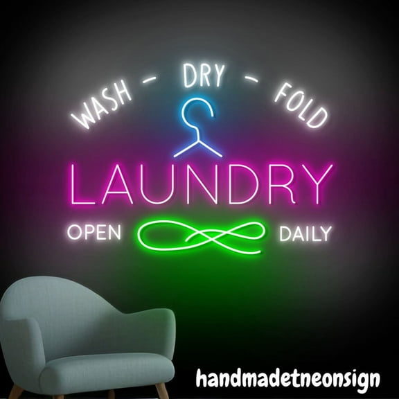 Handmadetneonsign Laundry Open Daily Neon Wall Sign, Clothes Wall Art Decor, Wash Dry Fold Store Wall Decor 58313