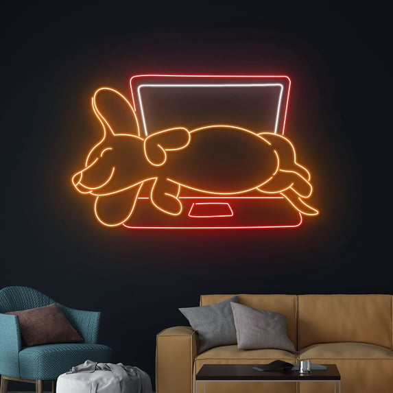 Handmadetneonsign Lazy Dachshund Neon Sign, Dachshund Laptop Neon Light, Dachshund Dog LED Light