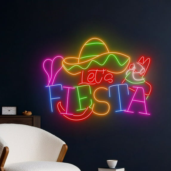 Handmadetneonsign Let's Fiesta Neon Sign, Mexican Festival Wall Art Decor, Mexico Party Wall Decor
