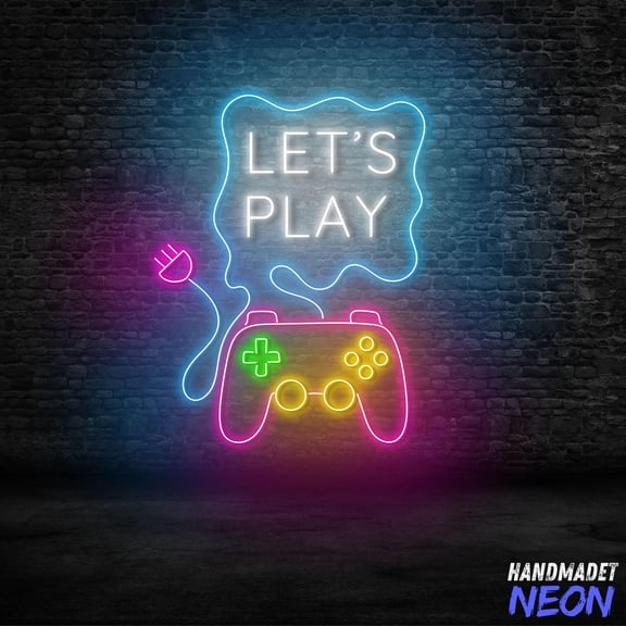 Handmadetneonsign Let's Play Neon Sign For Game Room Decor, Game Controller Light, Man Cave Decor 134445