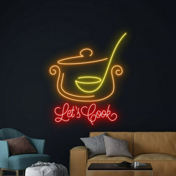 Handmadetneonsign Lets Cook Neon Sign, Cooking Pot Neon Led Art Decor, Cooking Kitchen Wall Decor