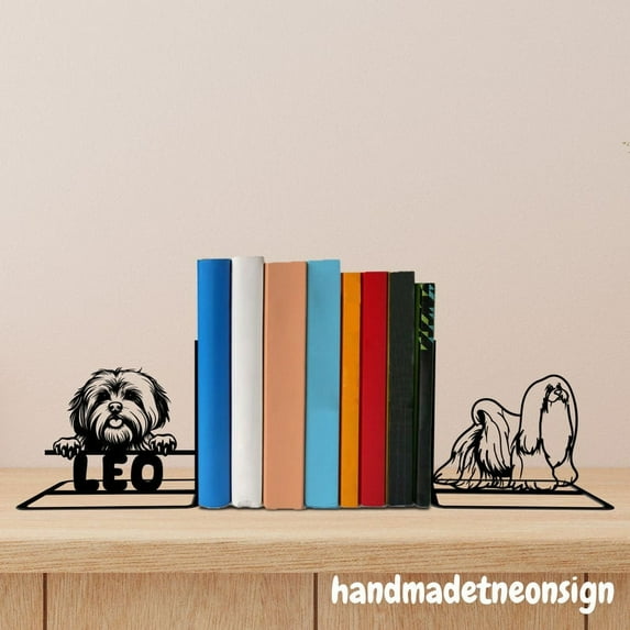 Handmadetneonsign Lhasa Apso Dog Metal Bookends, Lhasa Apso Dog Name Bookend, Table Bookshelf Decor 042802