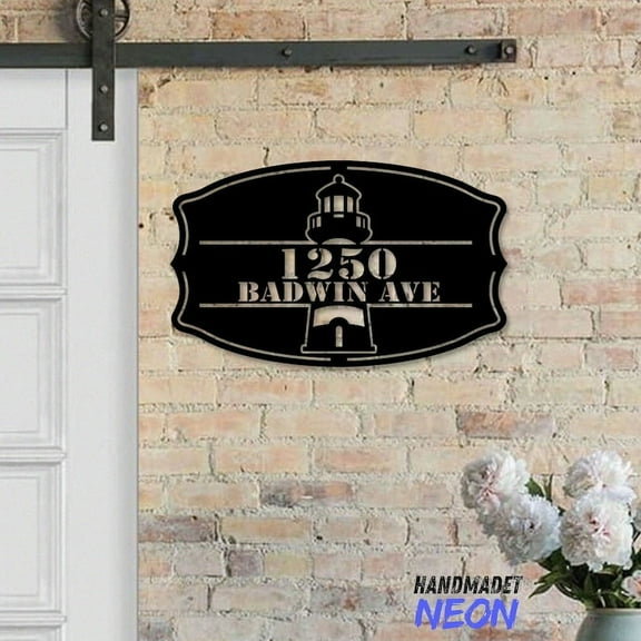Handmadetneonsign Lighthouse House Number, Lighthouse Home Number Metal Sign, Nautical Metal Address Plaque 76182