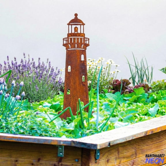 Handmadetneonsign Lighthouse Metal Garden Stake, Rustic Garden Sign, Beach House Garden Decor