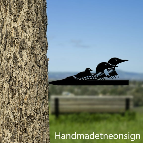 Handmadetneonsign Loon On Branch Metal Tree Stake, Loon Birds Garden Tree Stake, Loon Metal Tree 68546