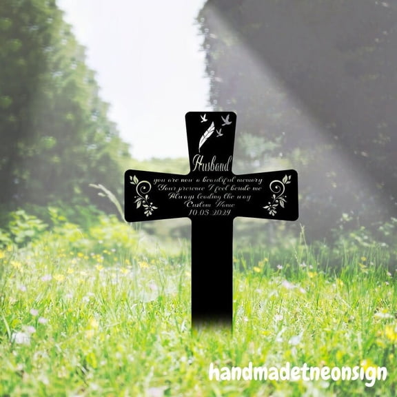 Handmadetneonsign Loss Of Husband Memorial Stake, Cross Garden Metal Stake, Yard Stake Outdoor Decor 043063