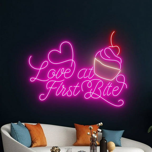 Handmadetneonsign Love At First Bite Neon Sign, Cupcake LED Sign, Cupcake Neon Light, Bakery Light