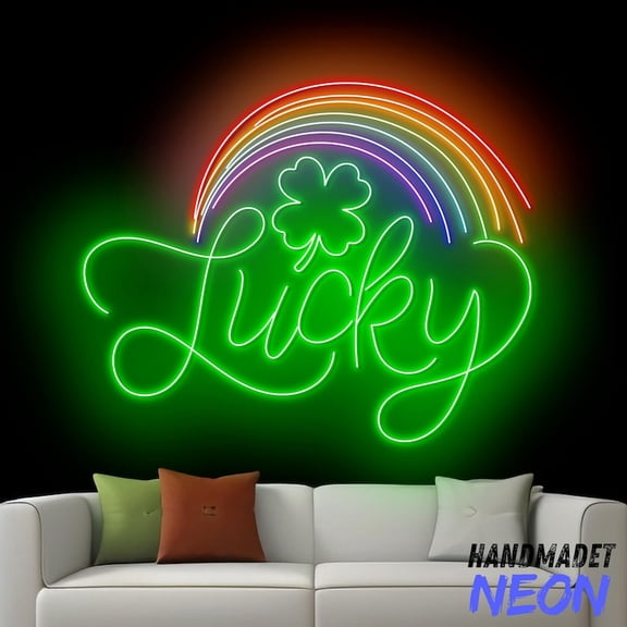 Handmadetneonsign Lucky Shamrock Neon Sign, 4 Leaf Clover Led Light, Rainbow Wall Art Light 94004