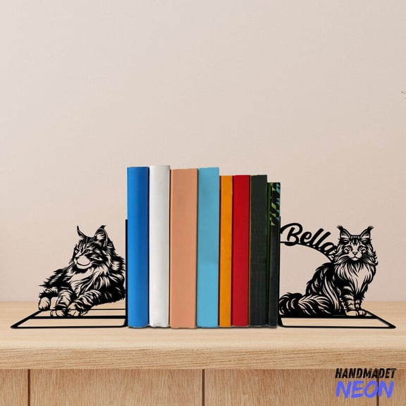 Handmadetneonsign Maine Coon Cat Metal Bookends, Maine Coon Name Bookend, Cat Table Bookshelf Decor 044958