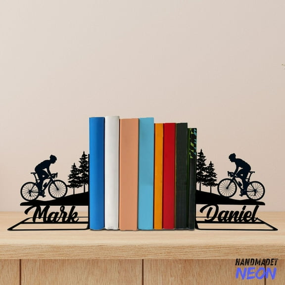 Handmadetneonsign Man Cycling Metal Bookends, Cyclist Name Bookend, Bicycle Table Bookshelf Decor 044967