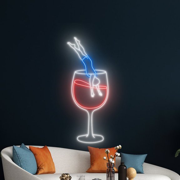 Handmadetneonsign Man Diving Into Wine Glass Neon Sign, Wine Glass Wall Art Decor, Bar Wall Decor