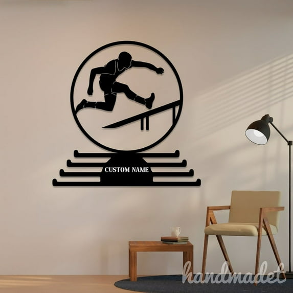 Handmadetneonsign Man Hurdling Medal Hanger, Trainer Metal Sign Wall Decor, House Metal Decor 54461