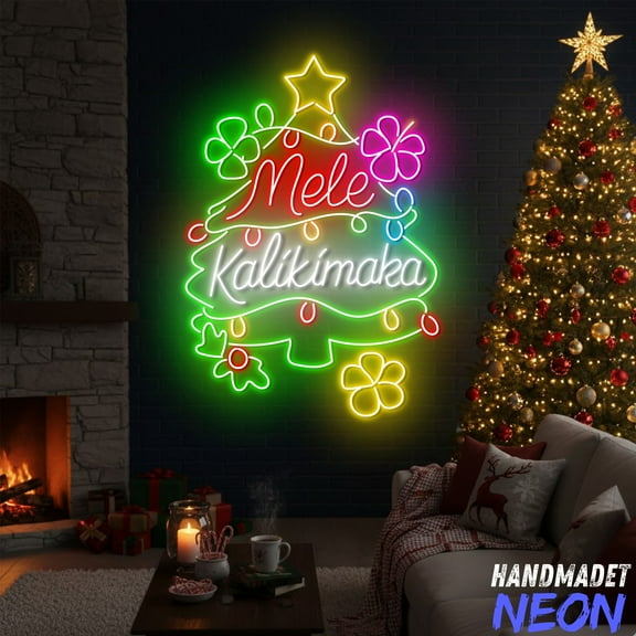 Handmadetneonsign Mele Kalikimaka Neon Sign, Hawaiian Tropical Decor, Christmas Tree Neon Sign